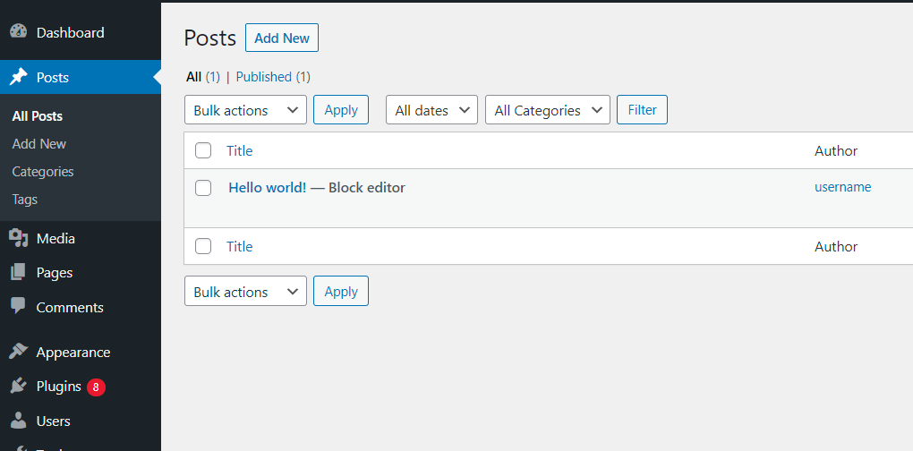 WordPress posts in the admin dashboard
