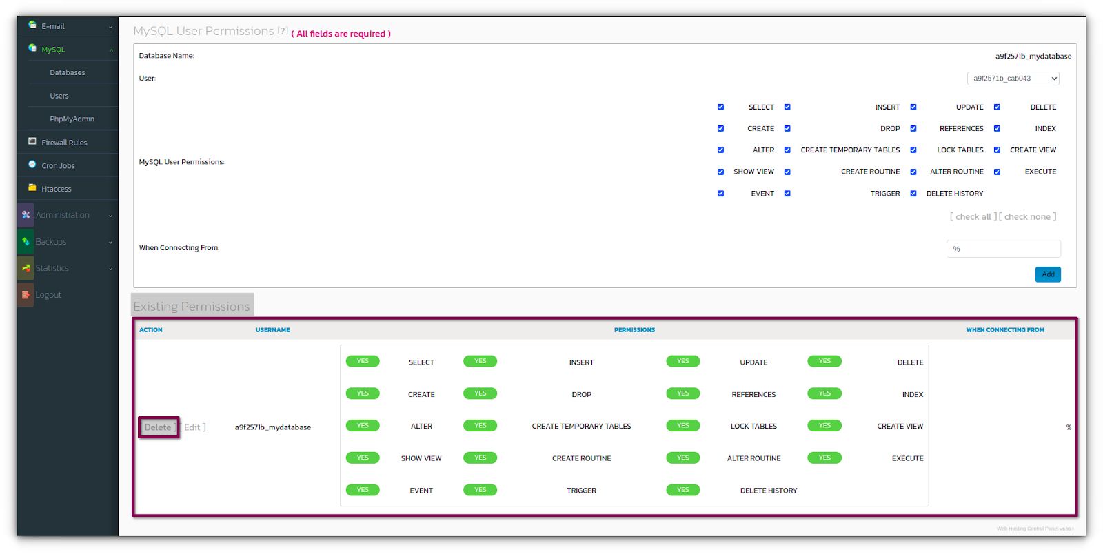 Click the Delete button next to the MySQL user to delete permissions for. This step opens the confirmation form.