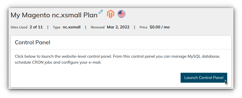 To get to the homepage of the SiteWorx Control Panel, click the Launch Control Panel button.