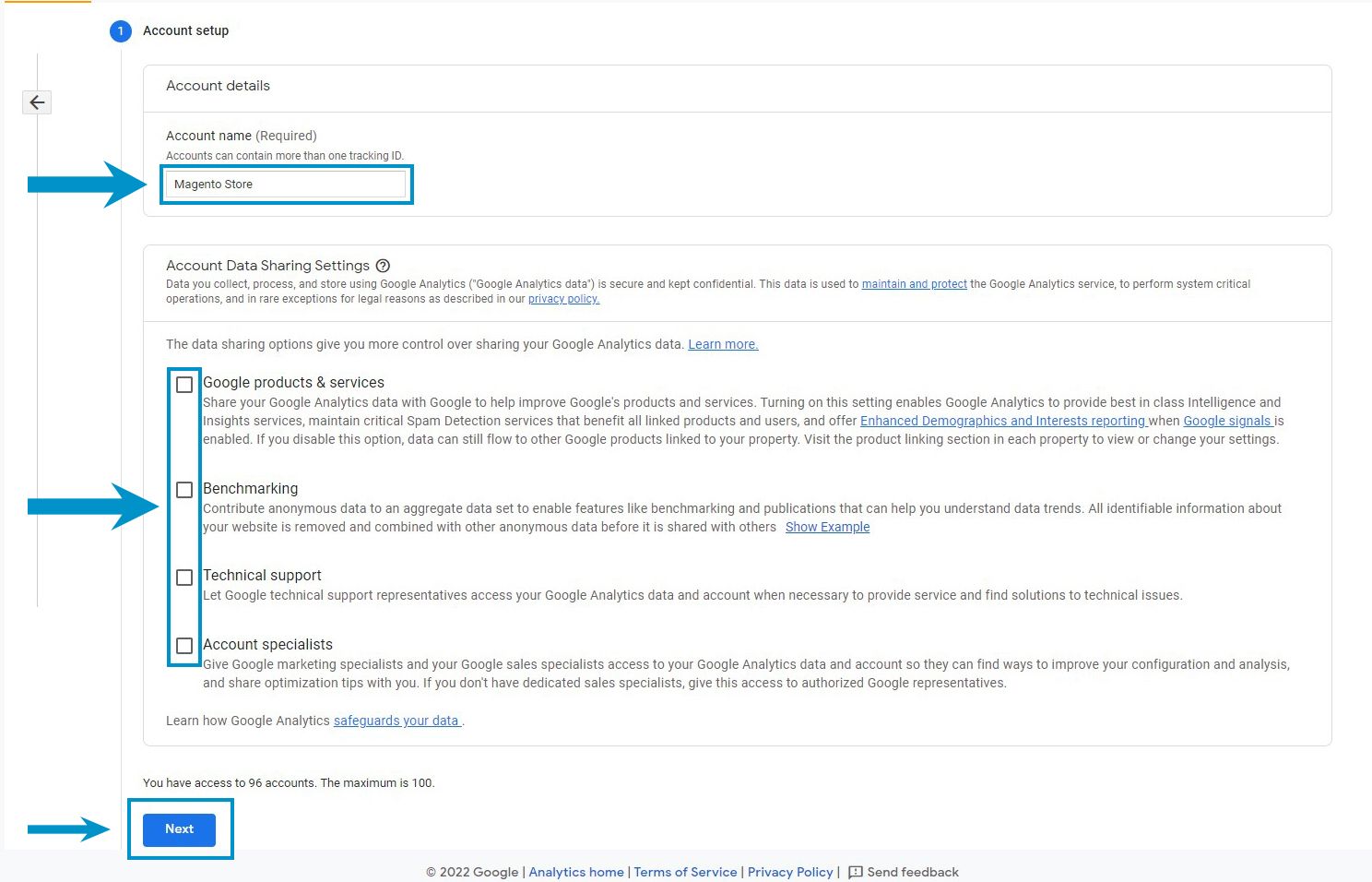 Google Analytics account setup.