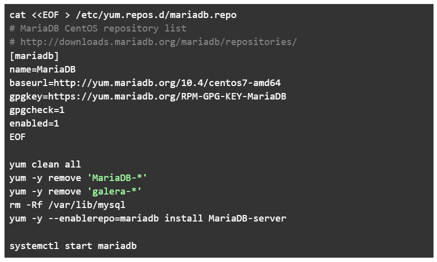To upgrade/downgrade MariaDB, we used the depicted bash script, updating repository version as needed.