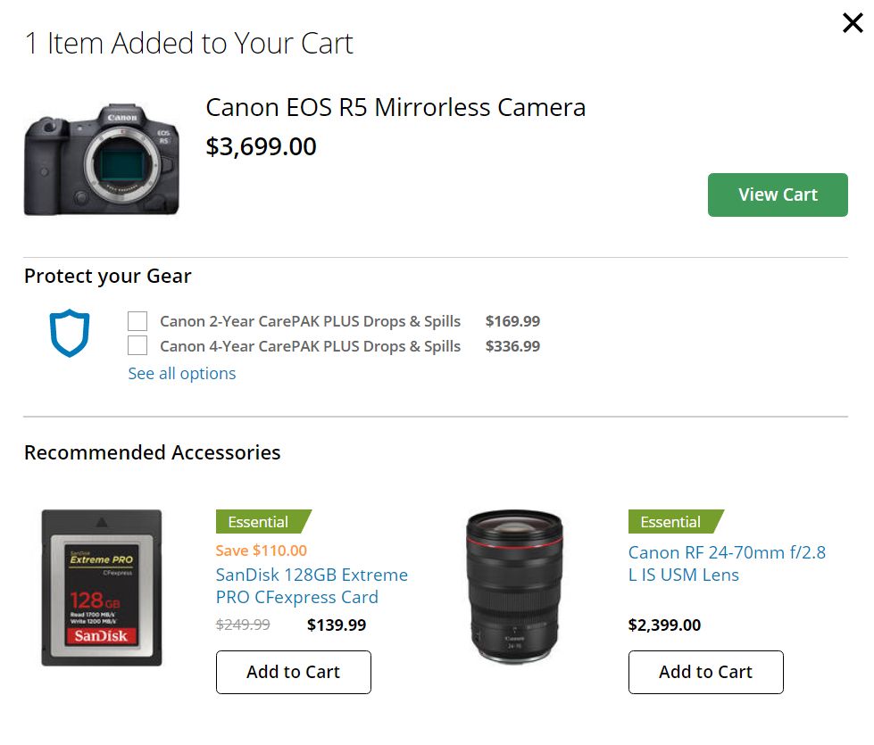 B&H’s cart page recommends accessories to go with the item added to the cart.