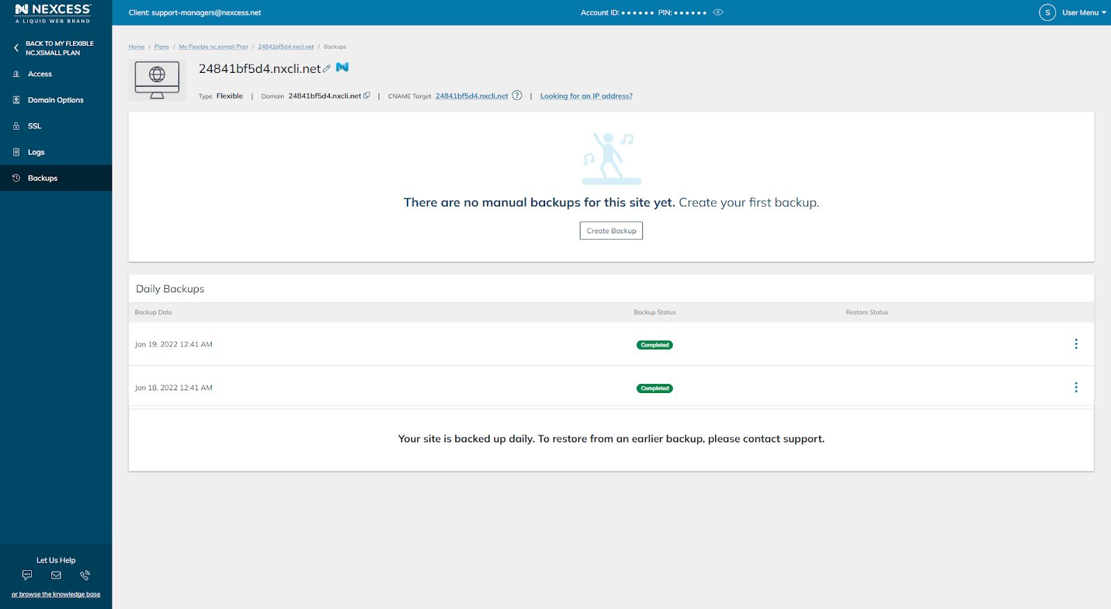 Daily server backups are included in flexible plans, free of charge. Additionally, you can create manual backups for each site, full or partial in the Nexcess Client Portal.