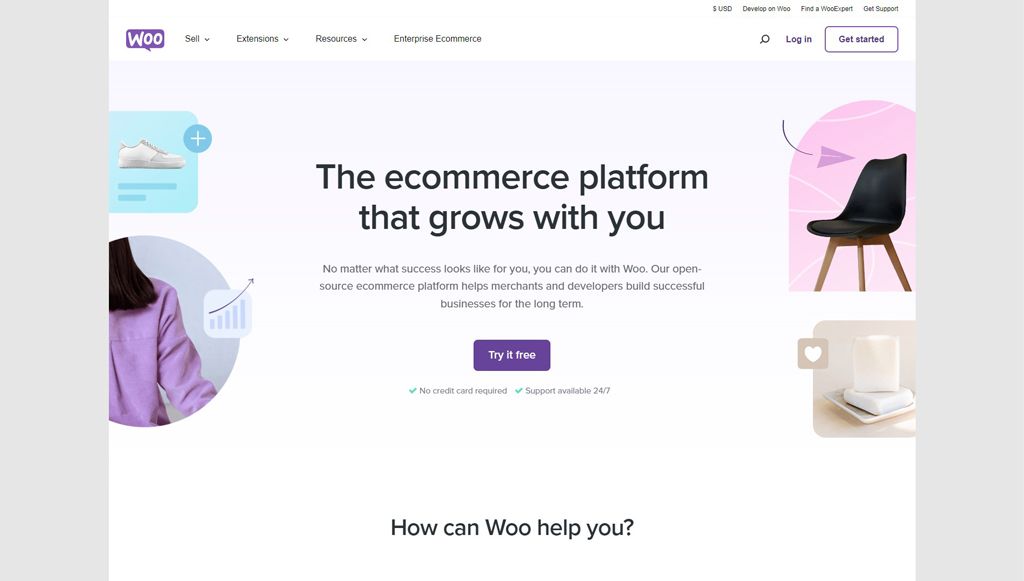 Screenshot of multi-store ecommerce platform WooCommerce's homepage.
