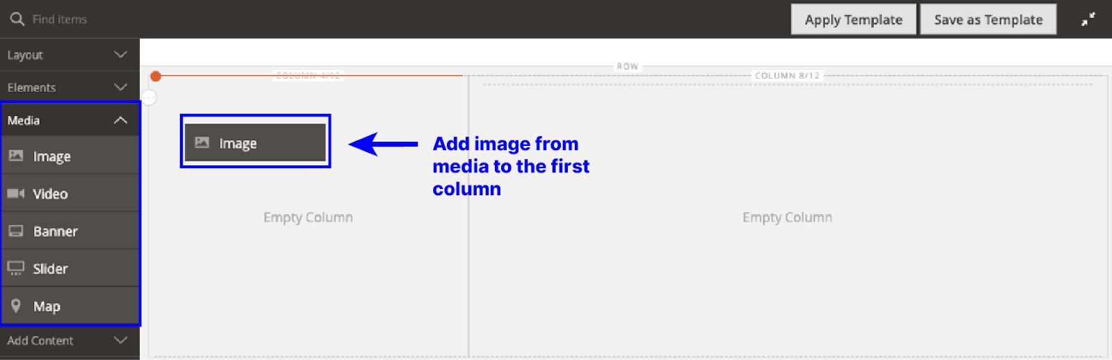 Drag and drop the image component to a column in the Magento 2 Page Builder staging area