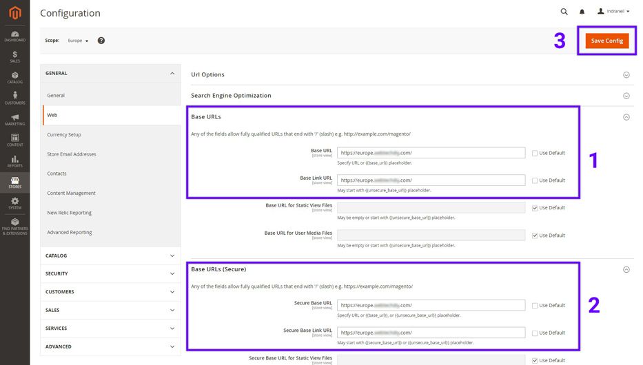 Screenshot of the Magento admin showing steps to update ‘Base URLs’ and ‘Base URLs (Secure)’ as explained on this page.