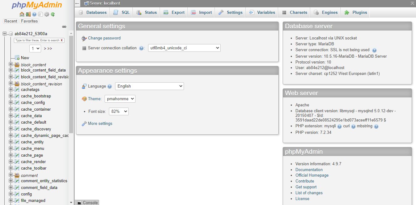 Click on the Launch phpMyAdmin button, and the database management tool will open in a separate window.