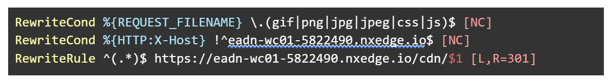 Screenshot of .htaccess file code snippet for your specific CDN hostname