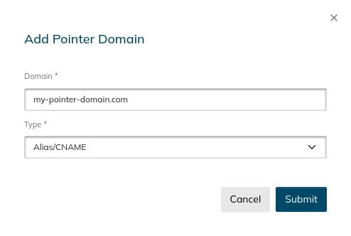 A new Add Pointer Domain window will open, allowing you to enter the new pointer domain name. The Type field for the pointer domain should be set to the value of Alias/CNAME, which is the only option available.