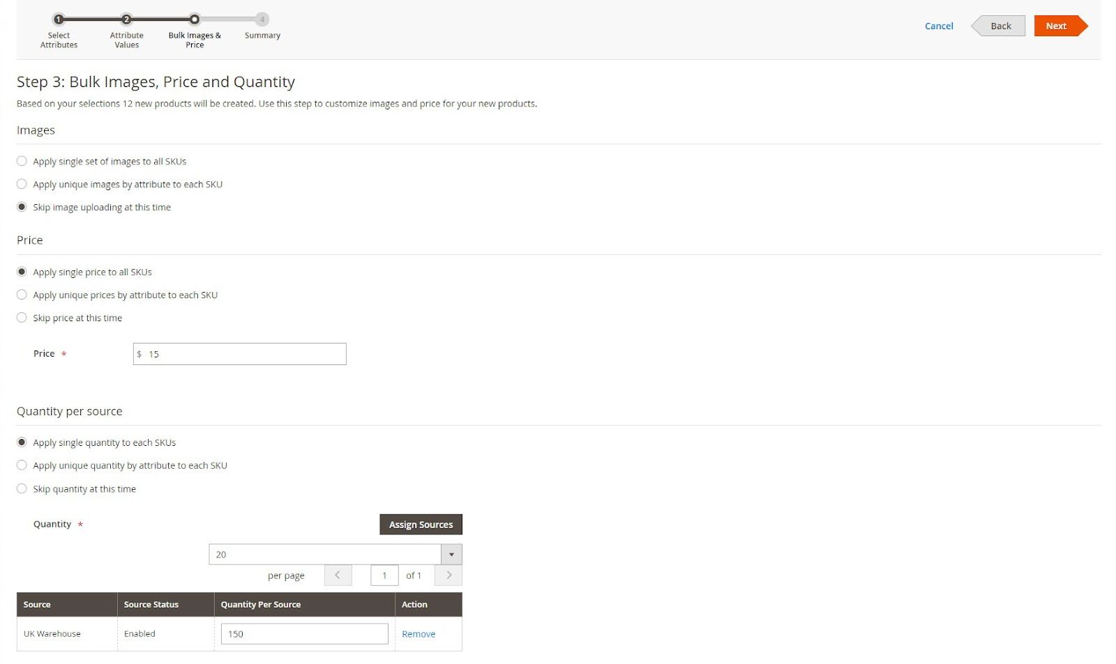 assign images, price, and quantity to Magento product configurations.