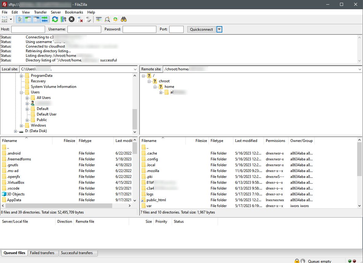 Accessing virtual host’s server files via FileZilla. 