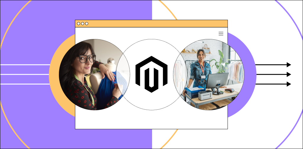 Image of business owners in the workplace with the Magento logo