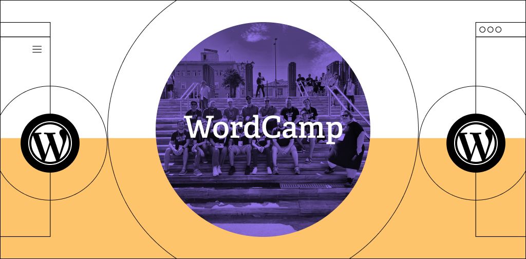 Image of people sitting on stairs at a WordCamp conference with the WordPress logo
