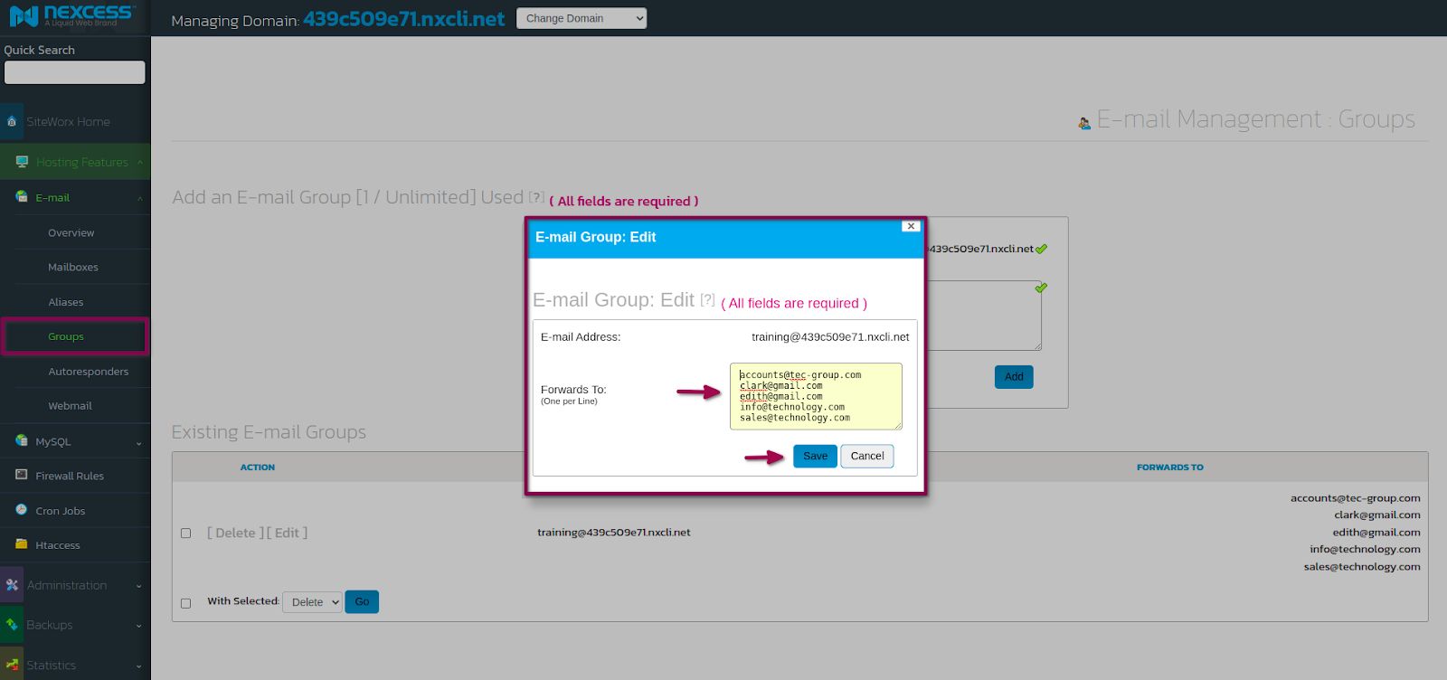 Find the Email Group - Edit Dialog field and click inside the Forwards To account. Add or remove email addresses as needed. Click Save when done.