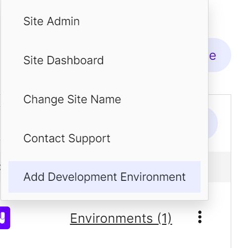 Screenshot of the Add development Environment option.