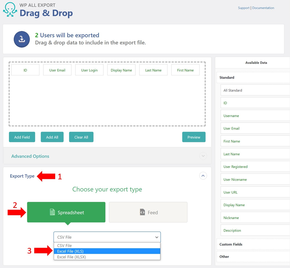 Selecting an Excel spreadsheet in WP All Export