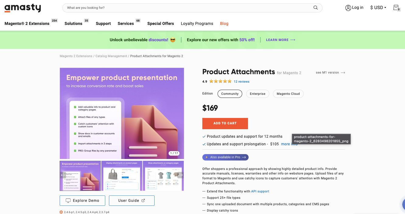 Amasty’s Magento Product Attachments extension is the best for adding attachments to product descriptions.