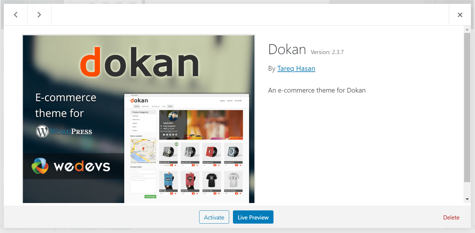 The Dokan theme activate and preview screen.
