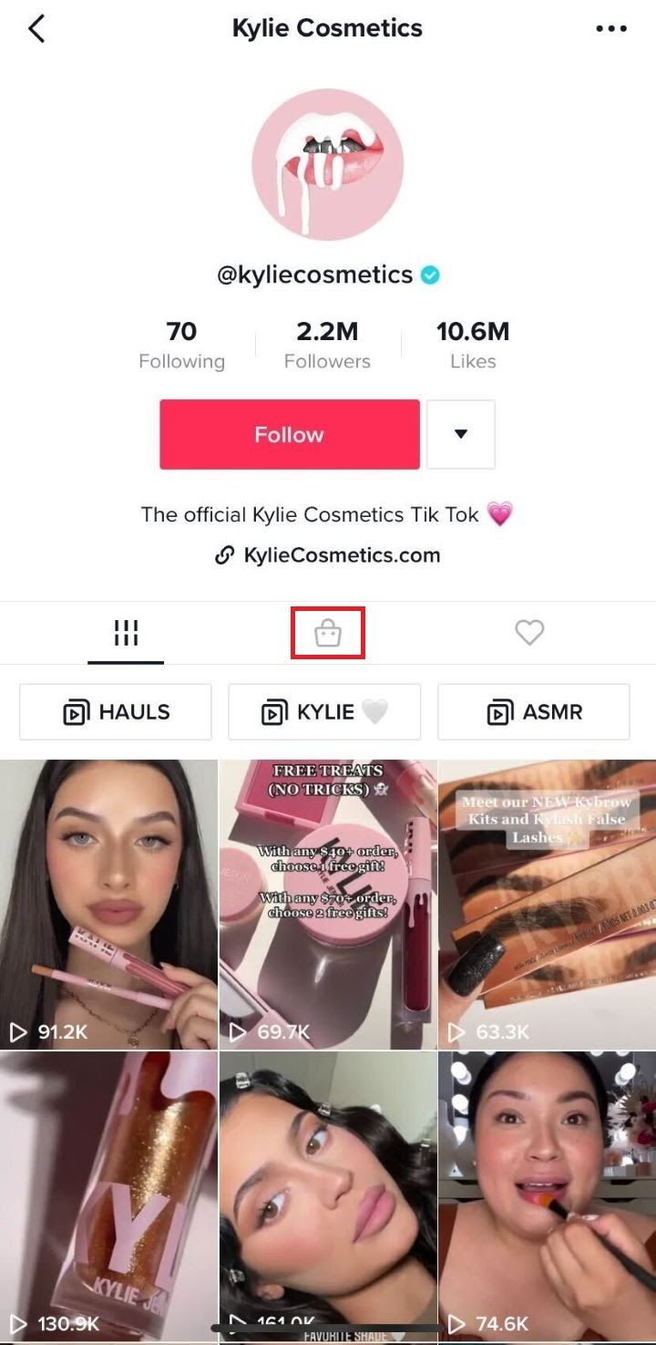 A screengrab of a Kylie Cosmetics social commerce account.