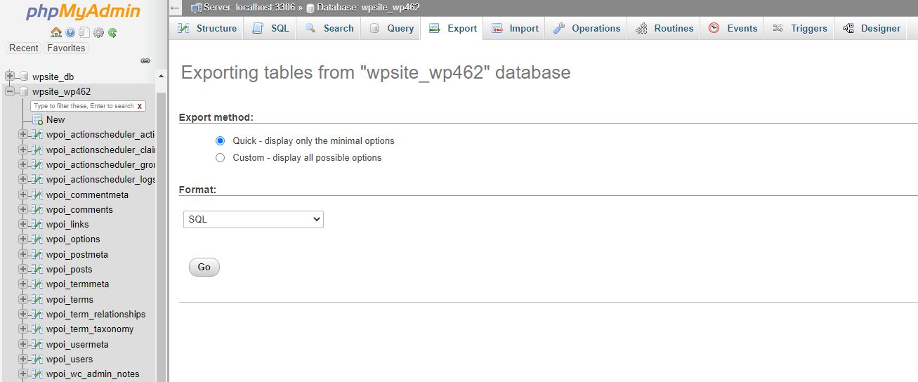 There are two export methods to choose from — Quick and Custom. The Quick method allows you to choose what format you would like to use for your database backup with SQL being chosen by default. The Custom method allows you to select only specific tables to include in the backup and presents you with some more options you can use to get more control over the export process and the way data is saved.