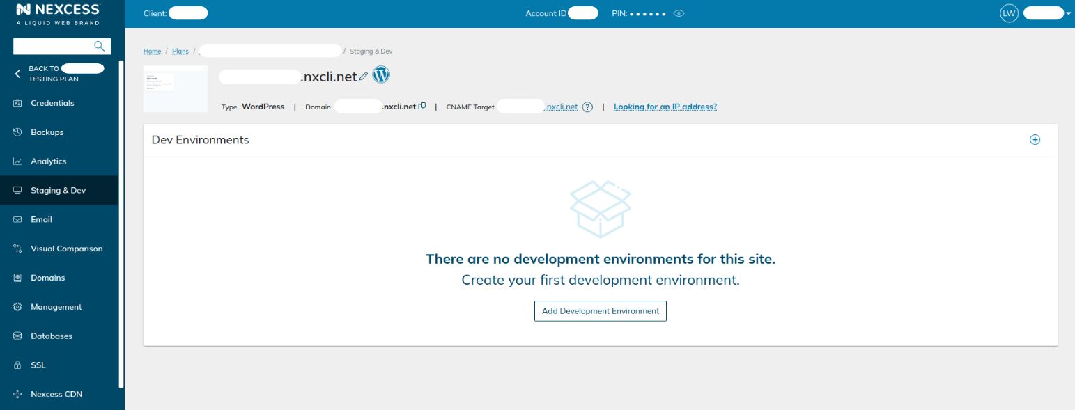 Now you can open the dashboard and navigate to the Staging & Dev interface by choosing the corresponding option from the left menu. The user interface will display all existing dev and staging sites and allow you to add a new one.