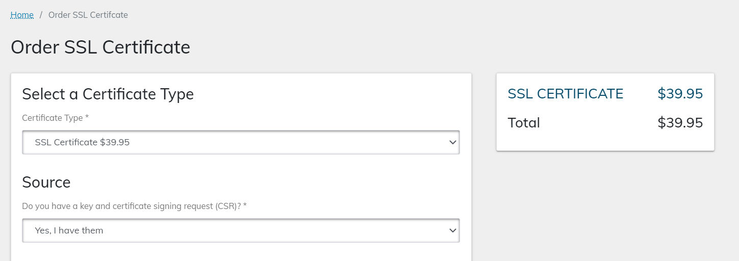 Select your desired certificate using the Select a Certificate Type field. In many cases, a single domain standard SSL certificate will be adequate. If you are unsure, see What are SSL certificates? or contact our Nexcess Support Team.