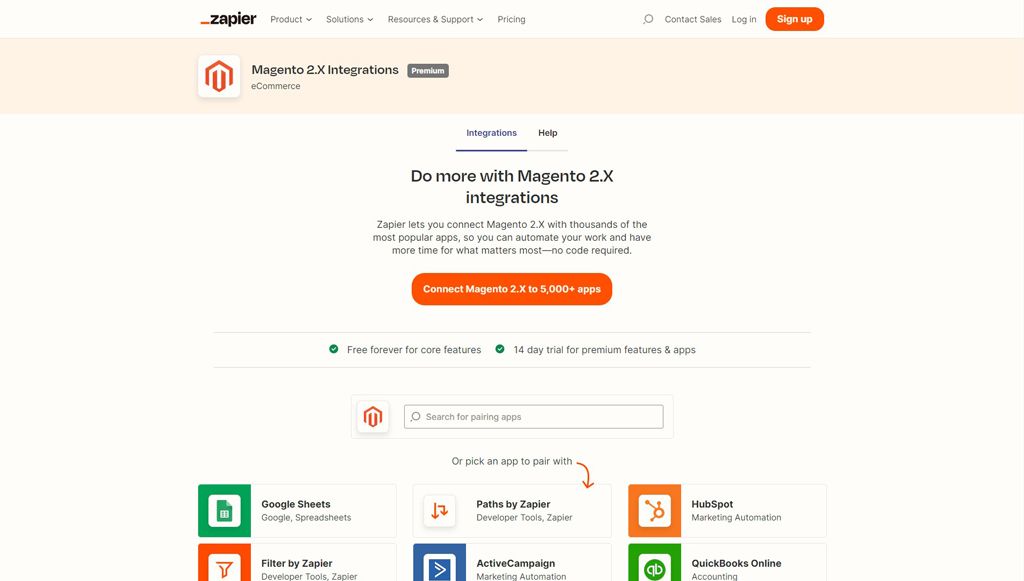 Screenshot of no-code automation tool Zapier's Magento 2 integrations page.