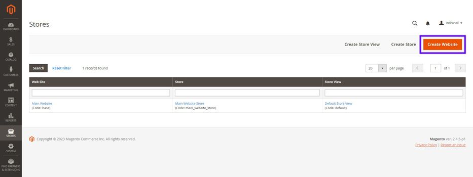 Screenshot of the Magento admin ‘Stores’ page highlighting the ‘Create Website’ button.