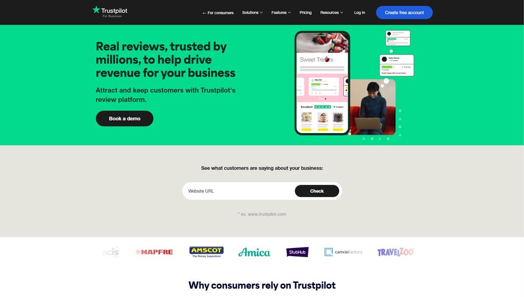 Screenshot of review and feedback automation tool Trustpilot's business landing page.