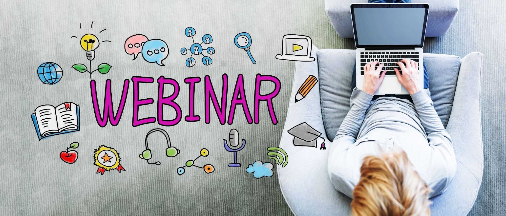 Person sitting with a laptop, the word "webinar" surrounded by icons.