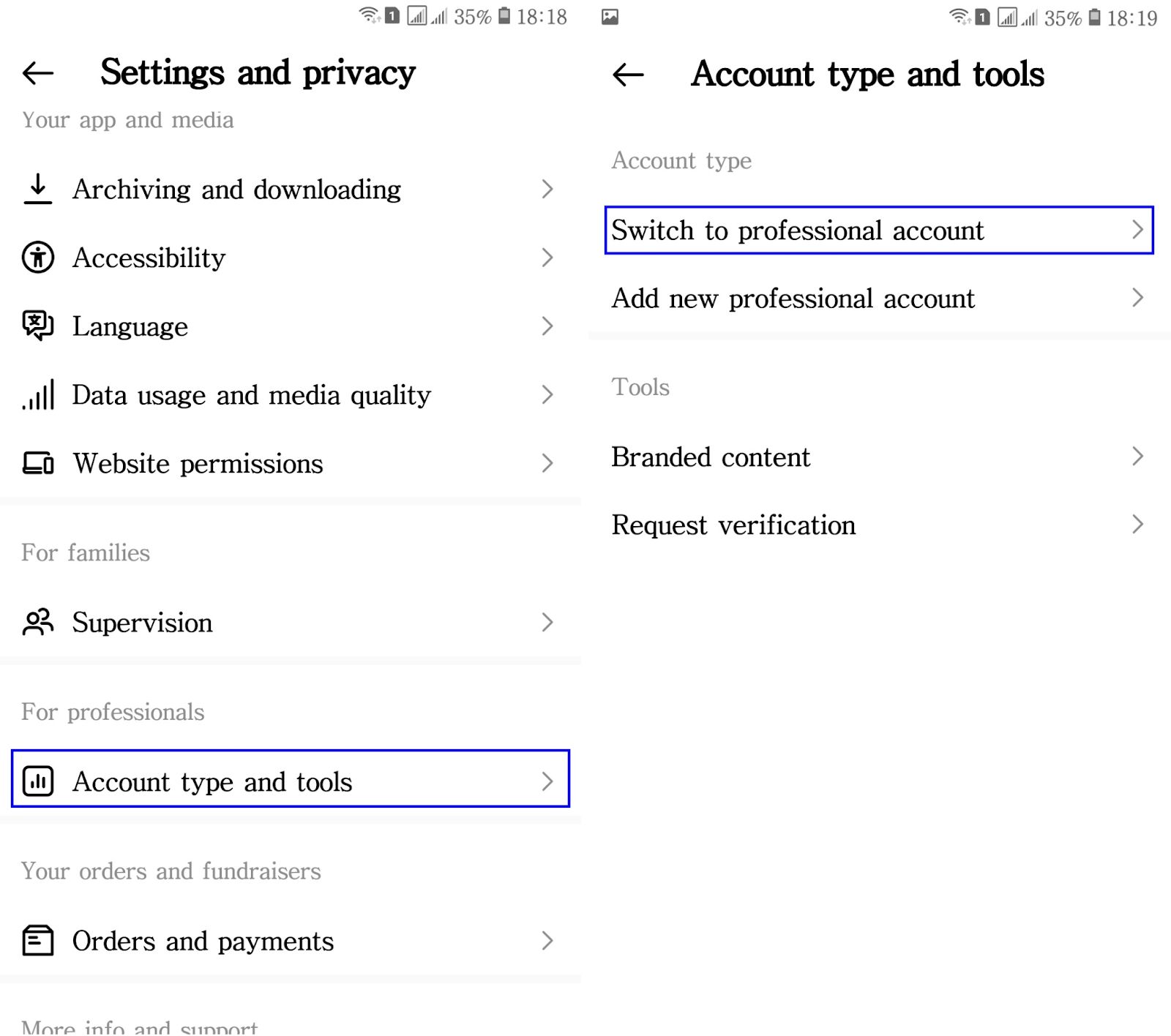 Steps to convert a personal Instagram account to a professional account.