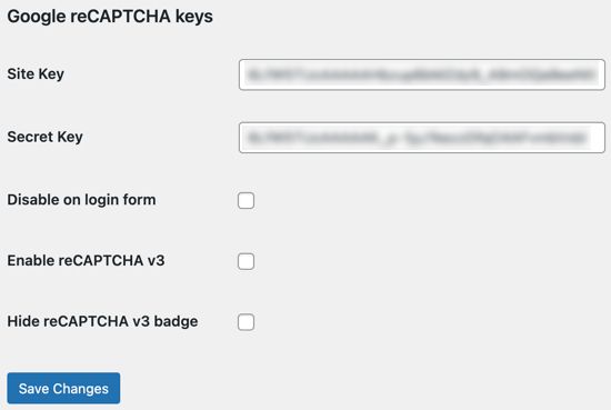 Google reCAPTCHA keys — paste in the site key, then the secret key. You’ll also see options you can select based on your preferences. When you’re satisfied, save the changes. This stores the API keys (Google reCAPTCHA keys) and enables the Google reCAPTCHA service for your site.