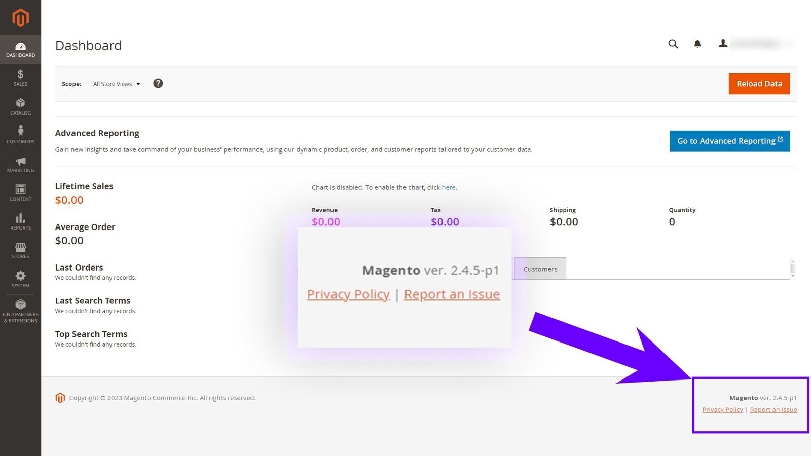 Screenshot of the Magento admin with a purple arrow pointing to the Magento version located at the bottom of the footer.