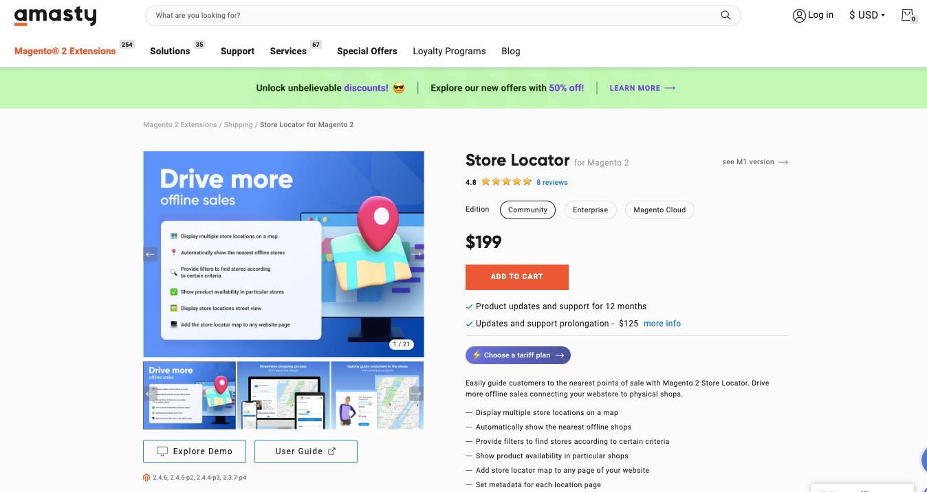 Amasty Store Locator is the best Magento store locator extension for map clustering and applying advanced filters.
