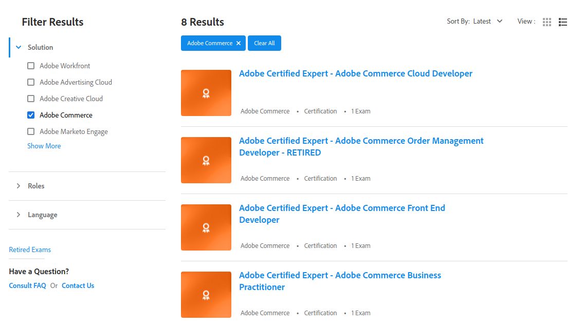 Choose Adobe Commerce exams from the left menu to see Magento 2 certifications