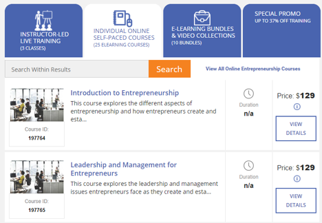 A list of self-paced courses offered on a website about leadership and entrepreneurship