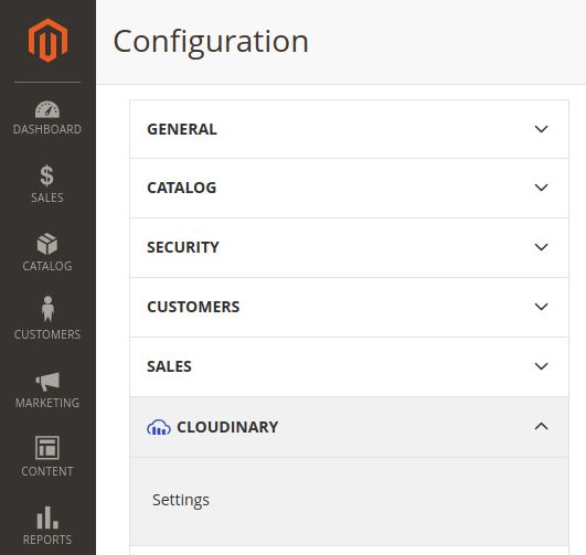 The first thing we need to do is log in to our Magento 2 Admin Panel and navigate to Stores > Configuration. You will see Cloudinary added to the Configuration menu as shown below. Choose Settings to open the extension configuration page.