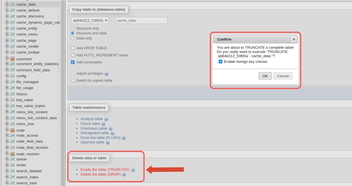 Scroll down to the bottom of the page and choose Empty the tTable (TRUNCATE). Confirm that you would like to perform the operation by clicking on the OK button.