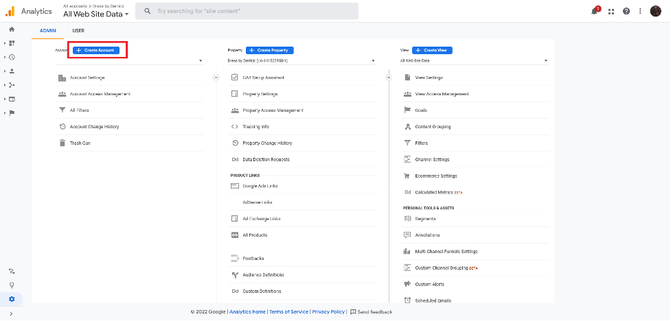 Creating a new account on your Google Analytics dashboard.