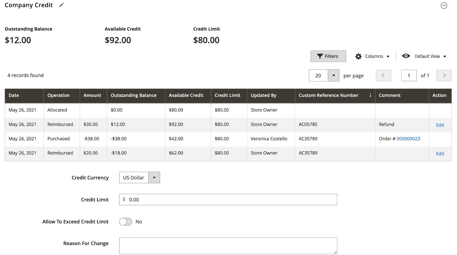 Magento Commerce has a dashboard for company credit management.