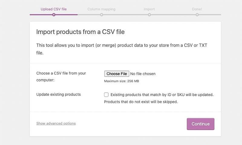 Importing a CSV file into WooCommerce.