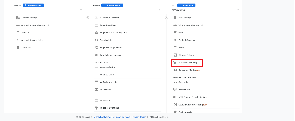 Ecommerce settings in the Google Analytics dashboard.