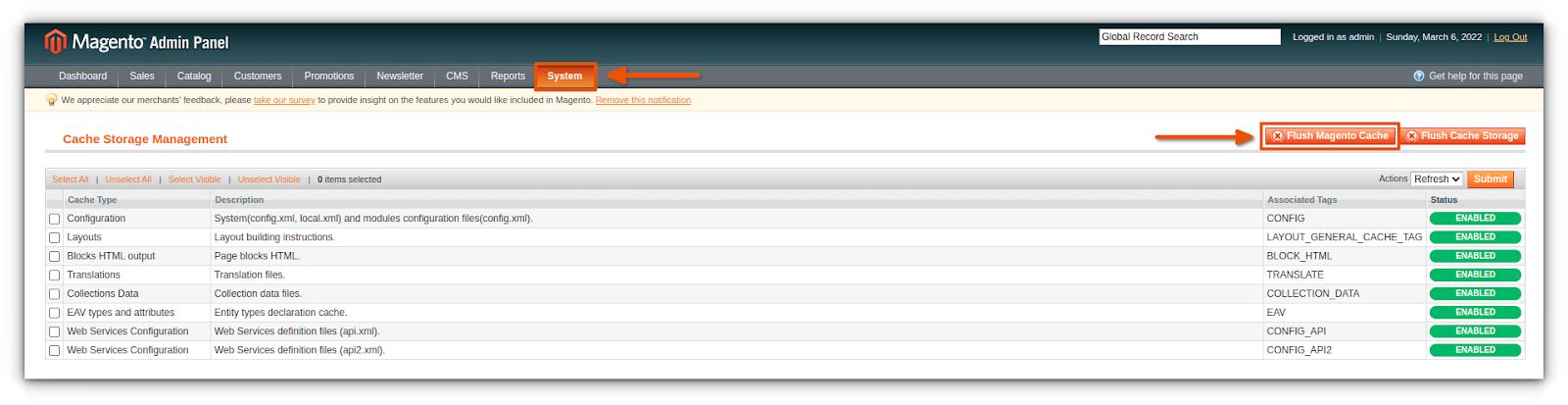 When you have saved your adjusted base URL config, navigate to System > Cache management and click Flush Magento cache. 