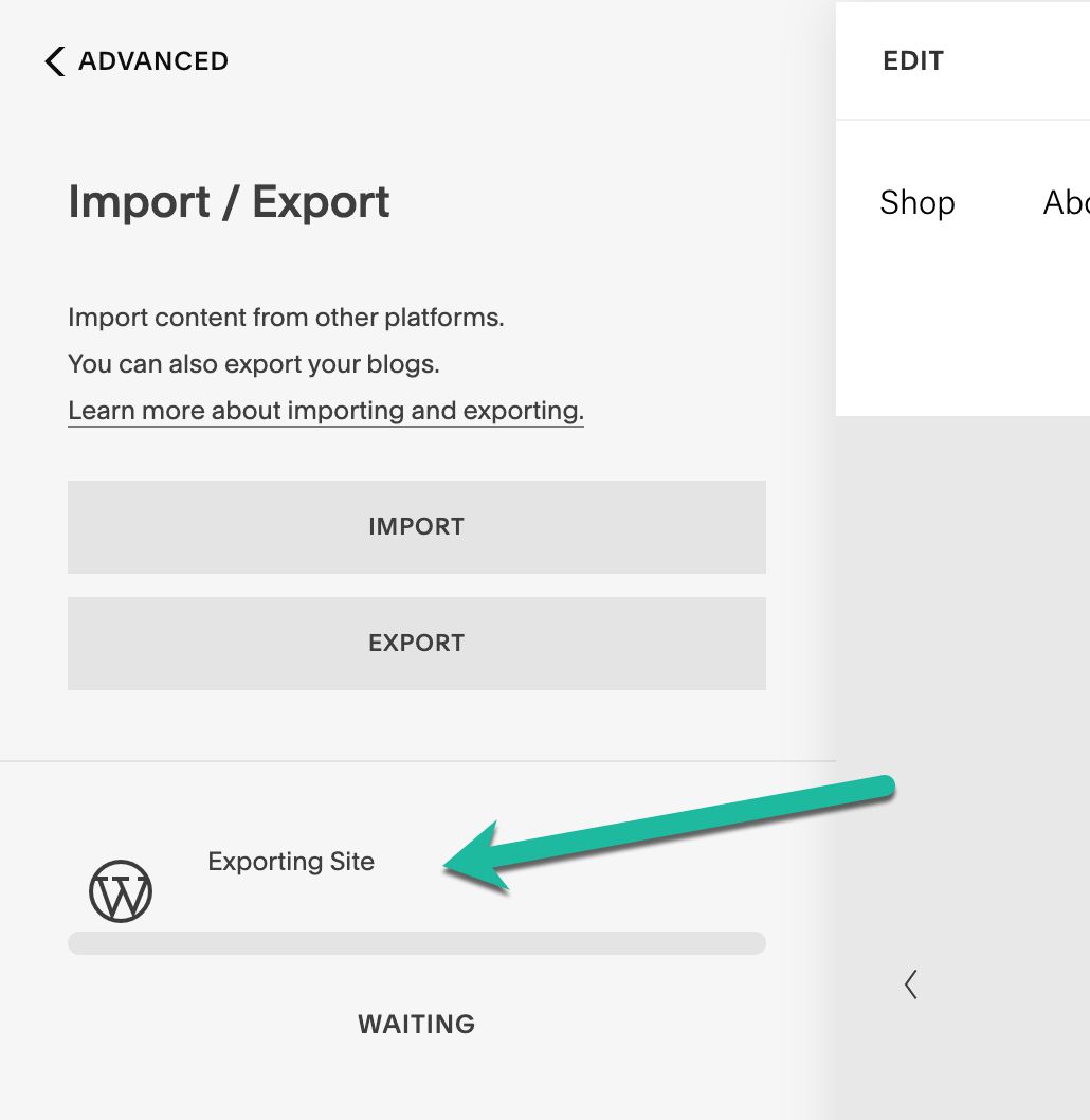 The export will close the popup window and show a progress bar in the left-hand menu below the Import and Export buttons.