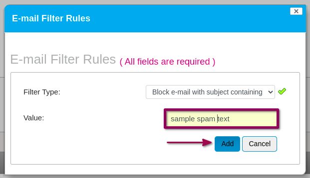 In the Value field, type the subject text to be blocked.