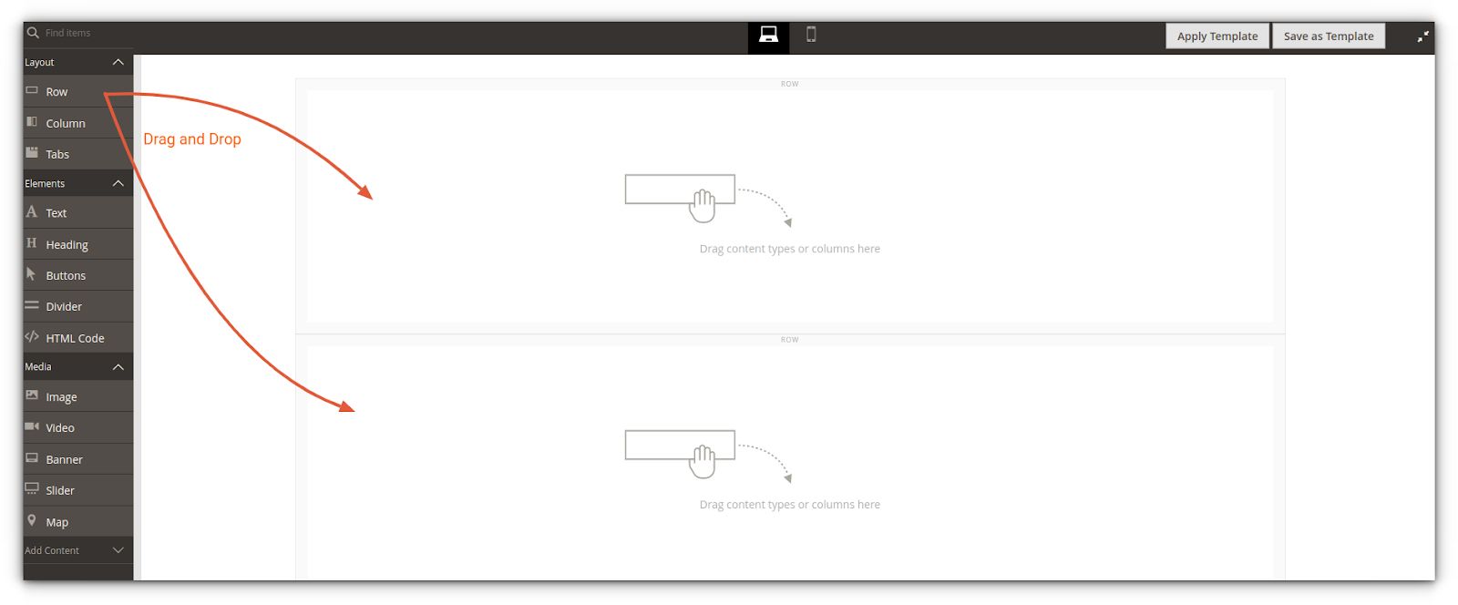 You can start building your maintenance page. Here, we’ll add two rows: one for an image and one for page text. Navigate to row under Layout and use the drag-and-drop feature to add these two rows to the area indicated.