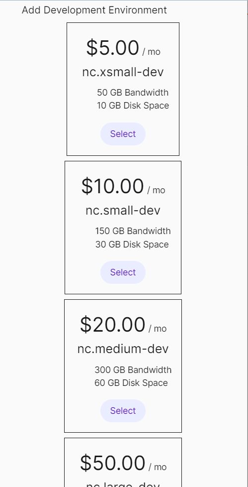 Some of the developer hosting environment plan options.