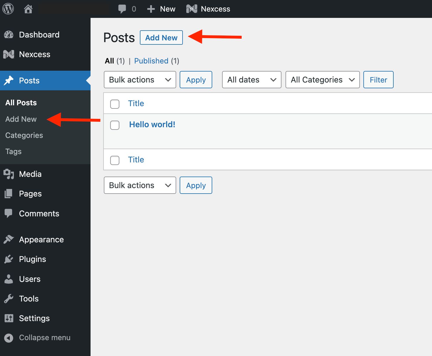 Adding a new page in the WordPress posts menu