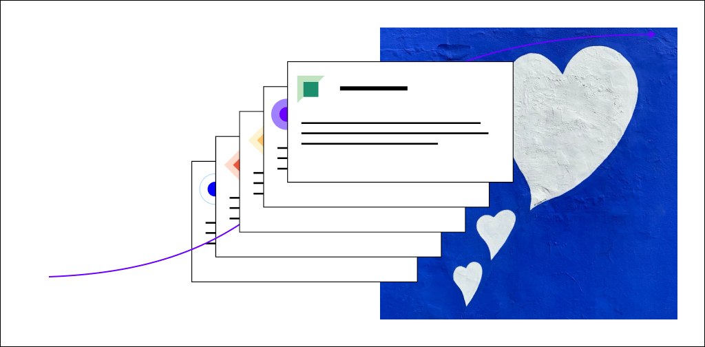 Illustration of social posts with a graphic of hearts