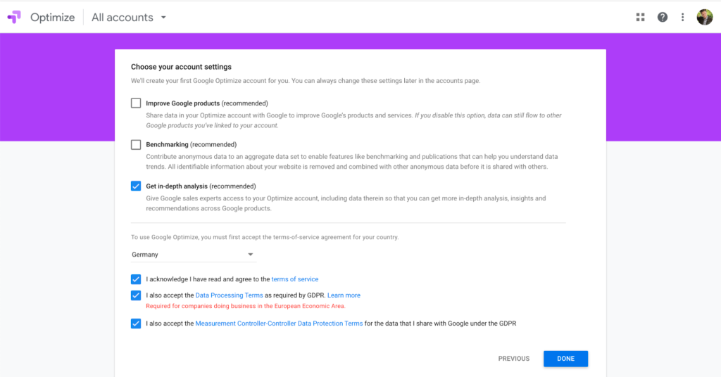Configure your first Google Optimize account
